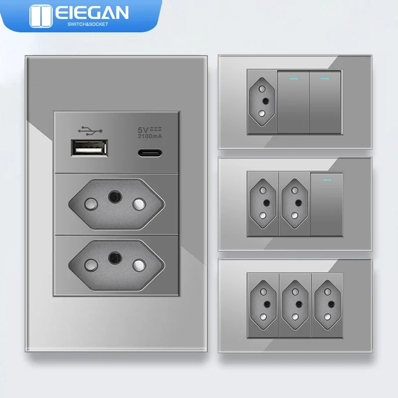 

ELEGAN 118mm Grey Brazil Tempered Glass Standard Outlet Dual Usb Type C Wall Socket Light Switch Switzerland 10A 20A Home decor