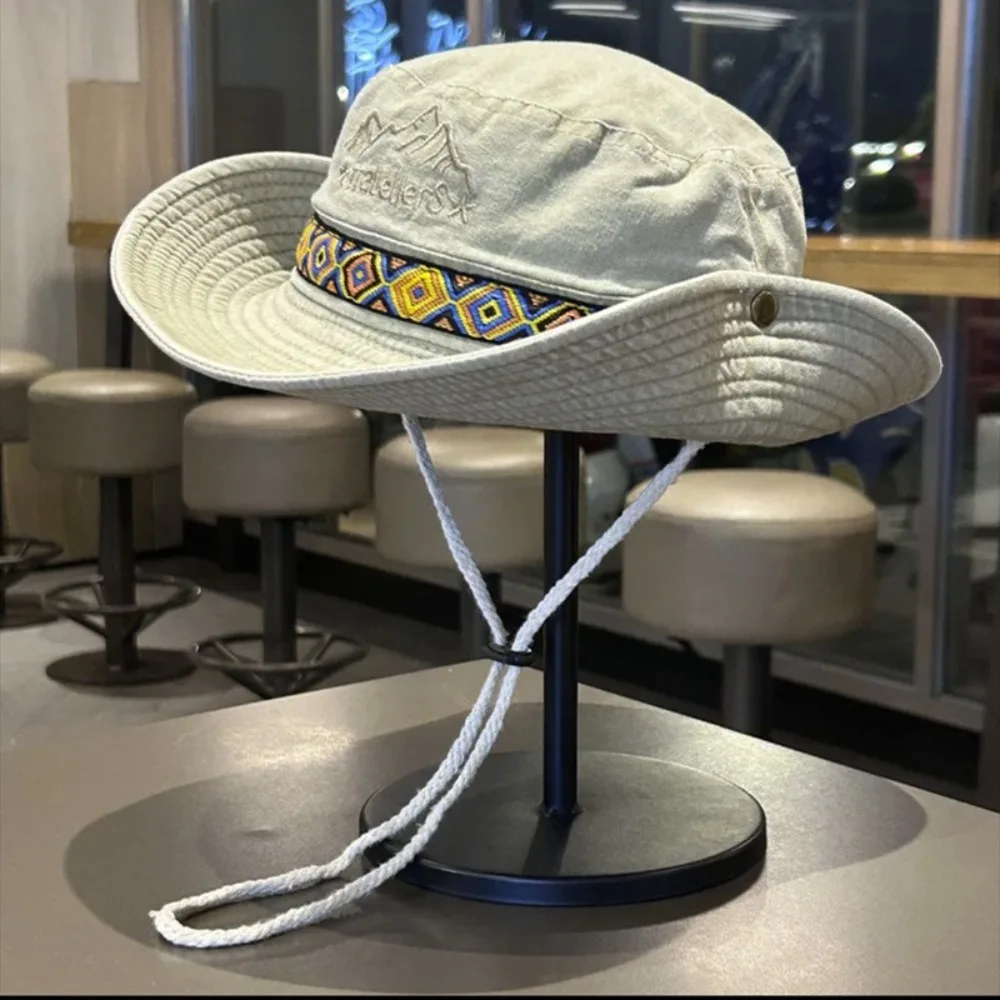 แฟชั่นหมวกกันแดดแบบพับได้คาวบอยปักหมวกชาวประมงครีมกันแดดหมวกผู้ชาย