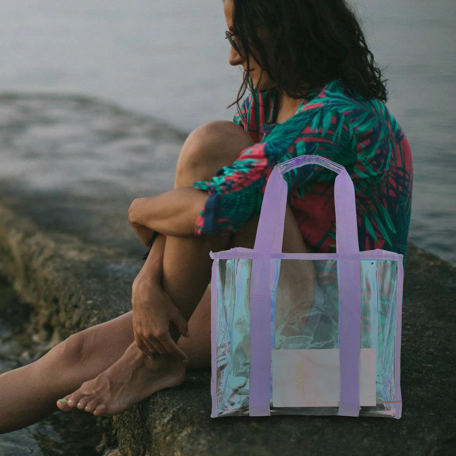 1Set Waterproof Holographic PVC Beach Tote Bag Large Capacity Shoulder Bag Suitable Summer Travel Pool Storage Transparent