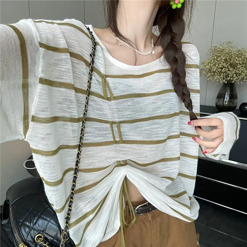 Women\'s 2024 Spring and Autumn New Splicing Pullovers O-Neck Stripe Fashion Loose Minimalist Casual Long Sleeve Knitted Tops