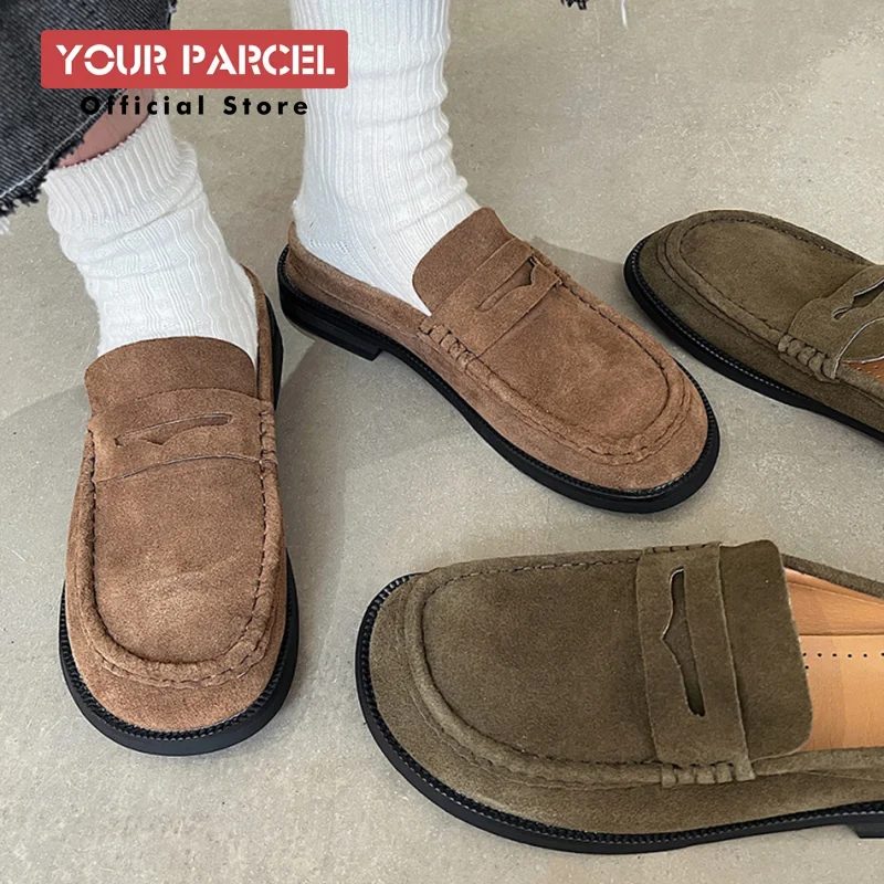 Cow suede backless leather shoes for men slip in loafers summer new slippers fashionable and breathable Mules shoes