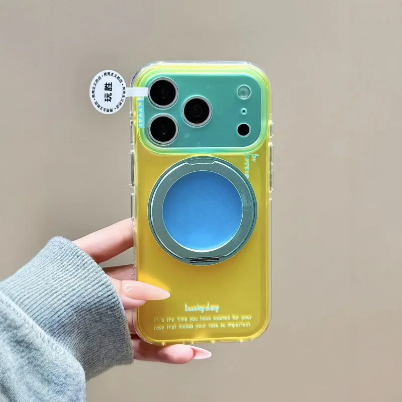 For Apple 17 Mobile Phone Case Laser Contrasting Color Magnetic Suction Rotating Bracket All-inclusive Lens Hard Protective