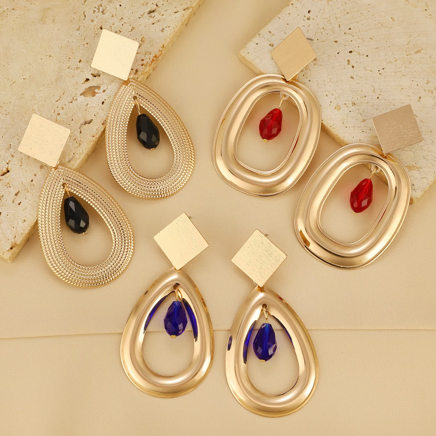 Exaggerated Big Geometric Pendant Drop Earrings for Women 2024 Trend Vintage Gold Color Alloy Waterdrop Hanging Piercing Jewelry