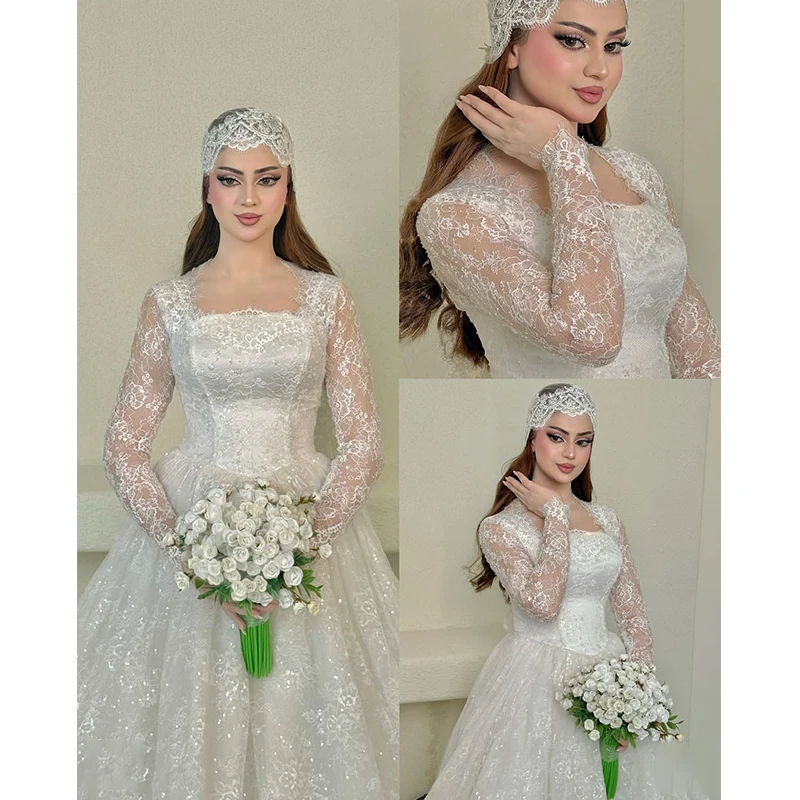 Elegant Long Sleeve Wedding Dress Organza With Embroidery Ball Gown Square Collar Full Sleeve Customized Bride Vestido De Novia