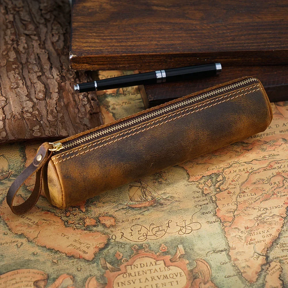 Vintage Pen Stationery Pen Bag Head Layer Cowhide Crazy Horse Leather Handmade Zero Wallet Student Stationery Storage Bag