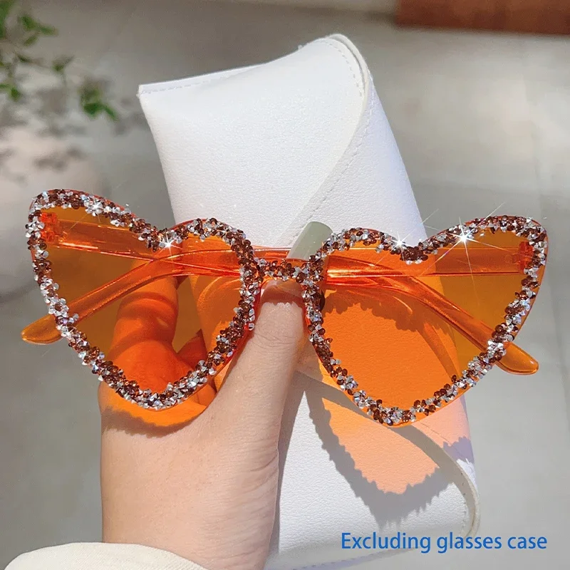 KAMMPT Heart Shaped Sunglasses with Rhinestones Women Stylish Candy Color Beach Rave Shades Trendy Sweet Handmade Sun Glasses