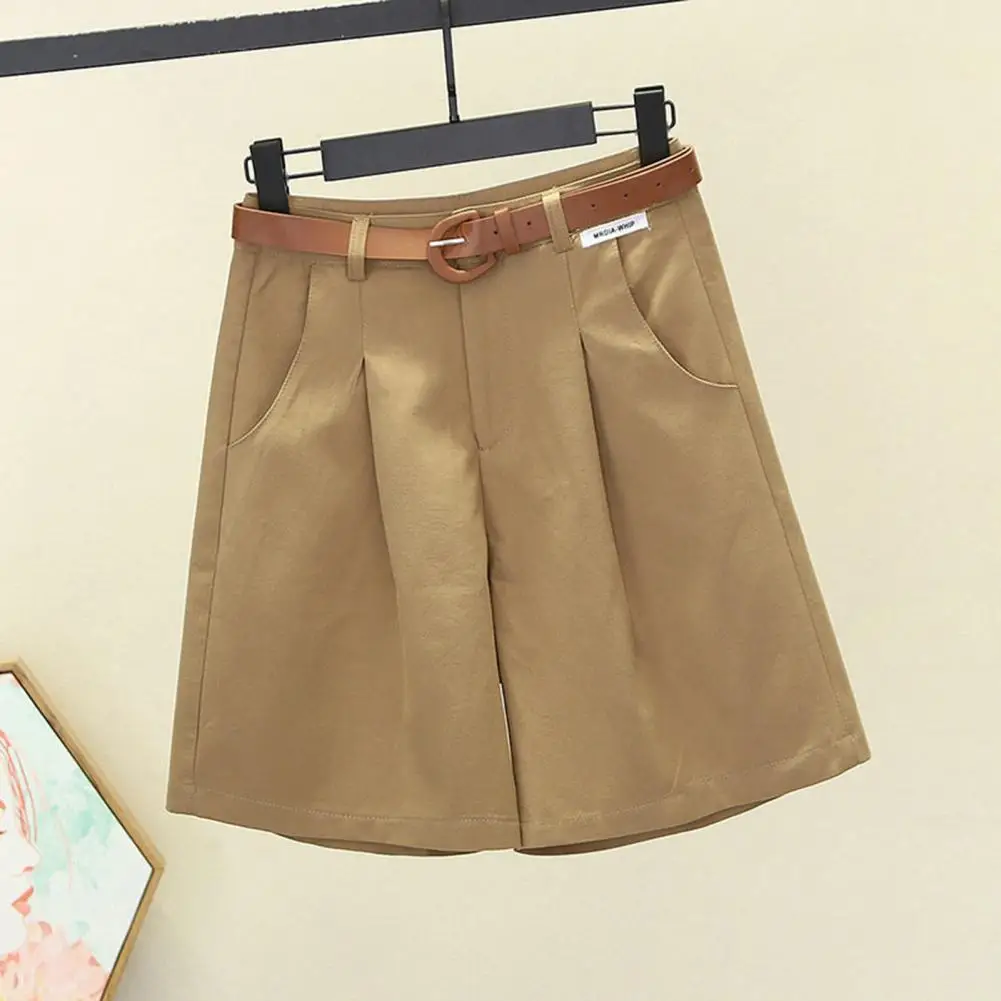 Shorts de cinto ajustável feminino, cintura alta elegante com bolsos, terno monocromático linha A, verão