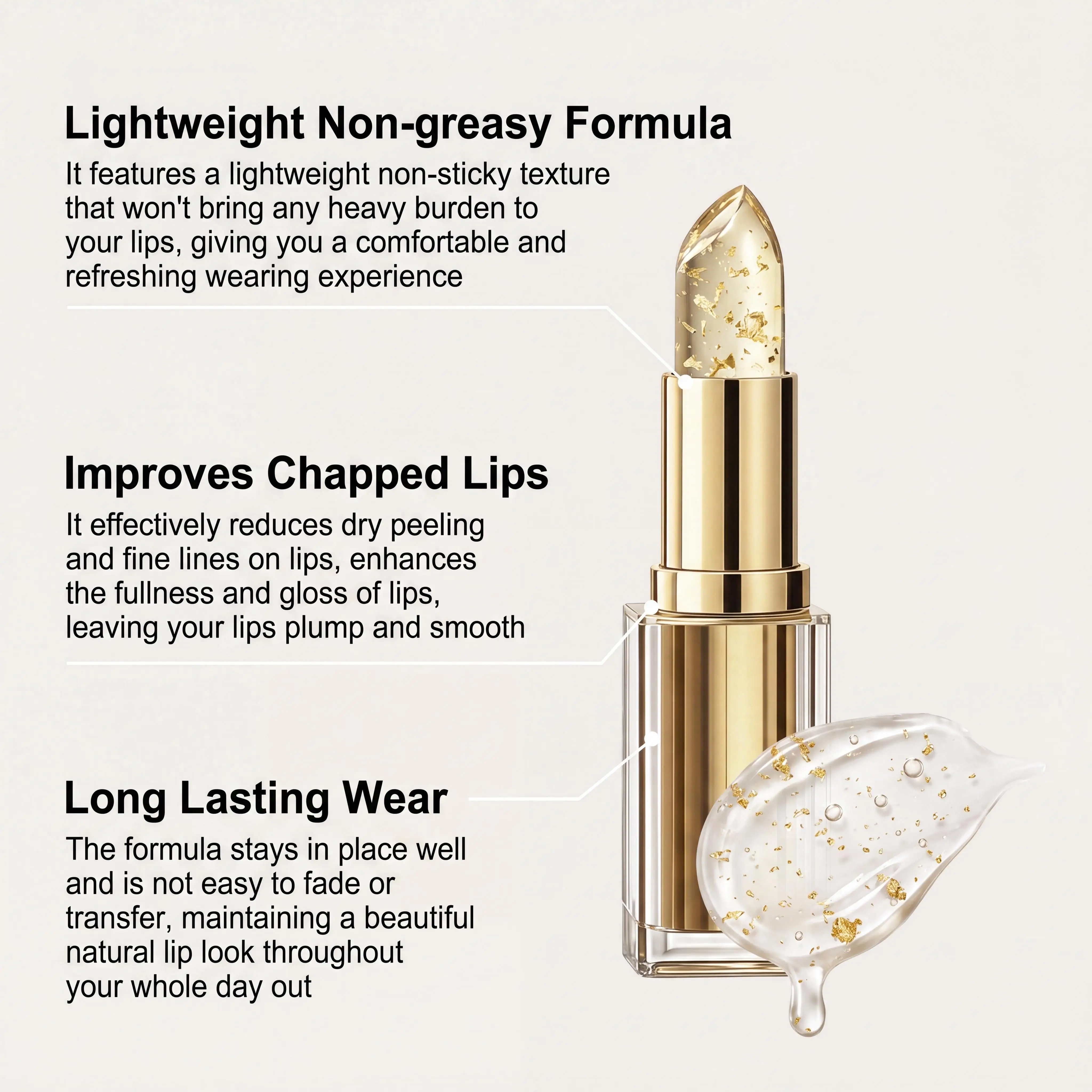 Goldfolie Farbwechselnder Lippenbalsam Anpassung an den Lippenton Transparenter Wasserfester Kristall-Jelly Perlglanz-Lipgloss Feuchtigkeitsspendender Lippenstift – Detail 9