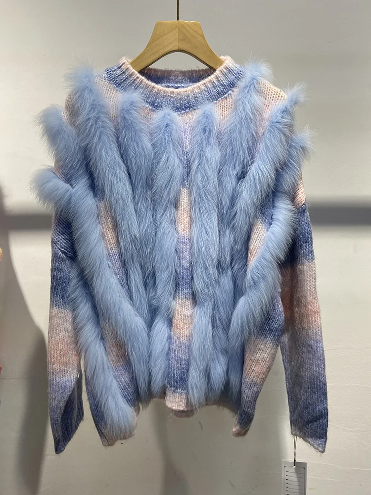 2024 Women Autumn Colorful Real Fox Fur Knitted Oversize Sweater Real Fox Fur Trim Loose Fur Coat