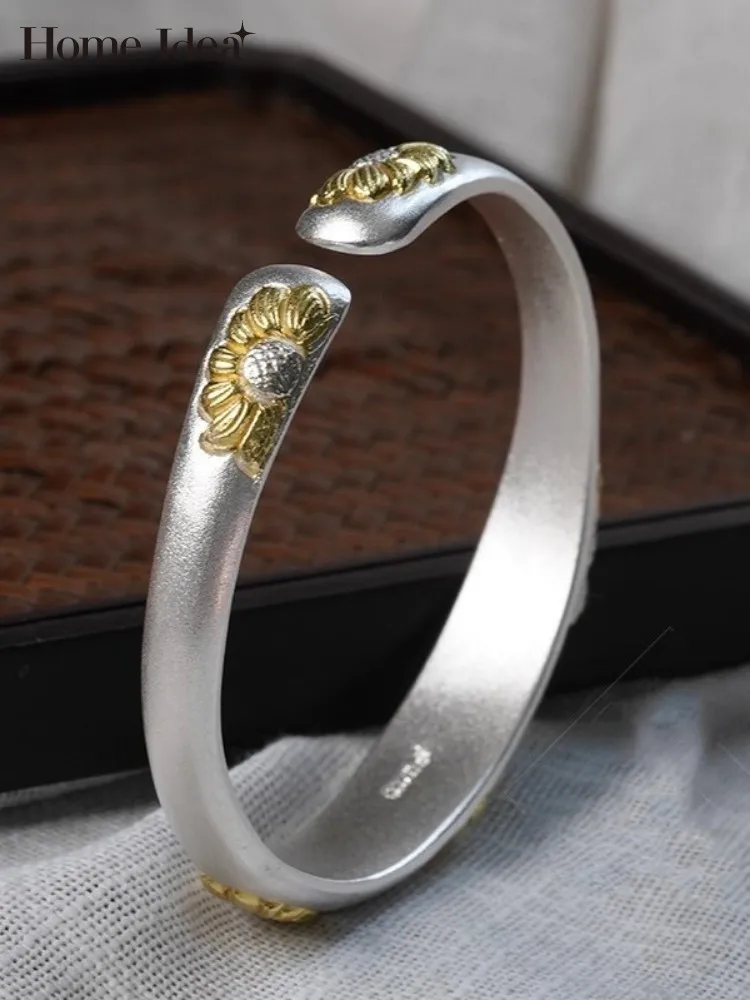 

Женский браслет из чистого серебра 999 пробы с цветами, винтажный дизайн ручной работы, браслет-манжета с открытием, женские ювелирные изделия из стерлингового серебра