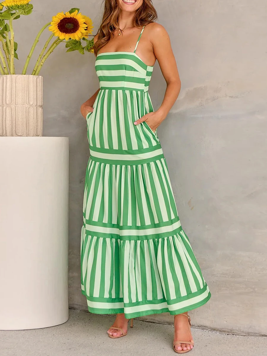 Women Spaghetti Strap Slip Long Dress Sexy Sleeveless Square Neck Striped Print Tiered Midi Dress