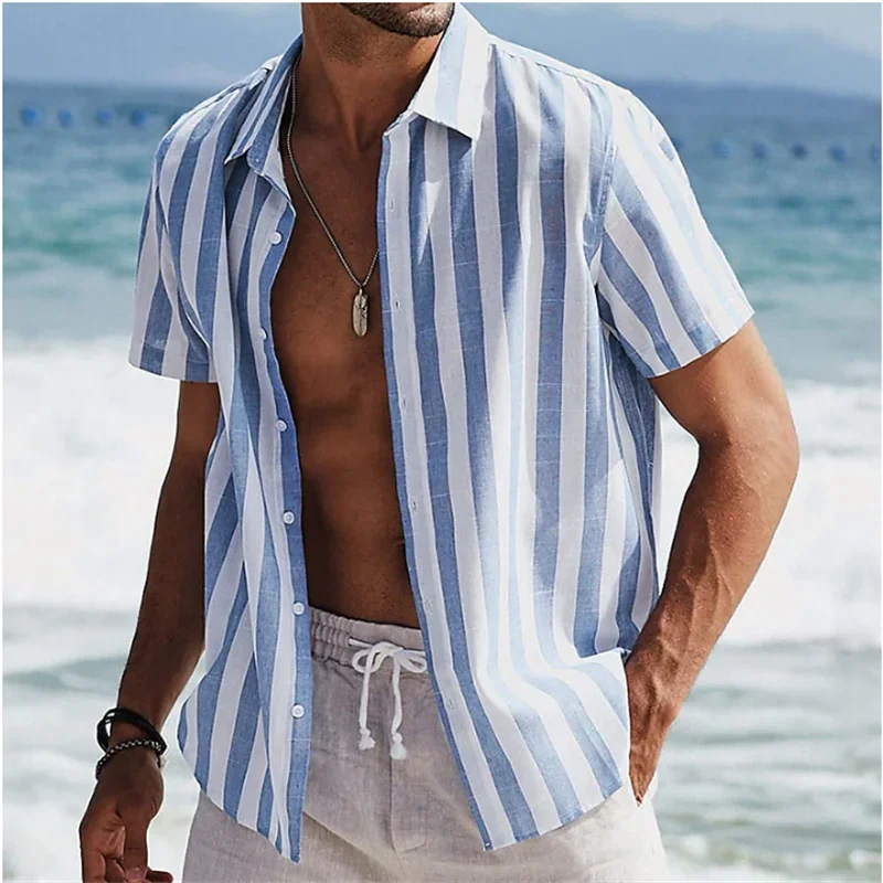 

9 Styles Men's Shirt Summer Beach Shirt Short Sleeve Striped Lapel Street Resort Print Clothing Fashion Casual Hawaiian 5XL