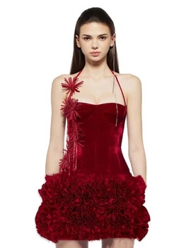 Kadın Çiçek Etek İki Parçalı Set Seksi Halter Çiçek Siyah Kırmızı Korse Üst + Mini Etek Bağcıklı Takım Elbise Ünlü Parti Kokteyli