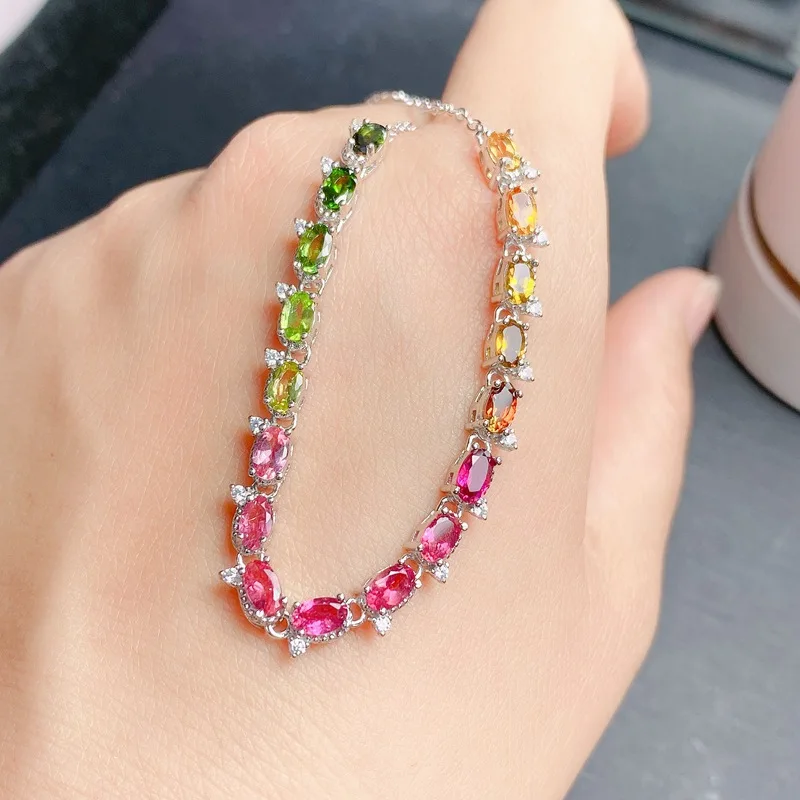 925 Sterling Silver Natural Tourmaline Simple Bracelet Gem Bracelet Ladies Wedding Jewelry 4*6 Mm Jewelry Luxury