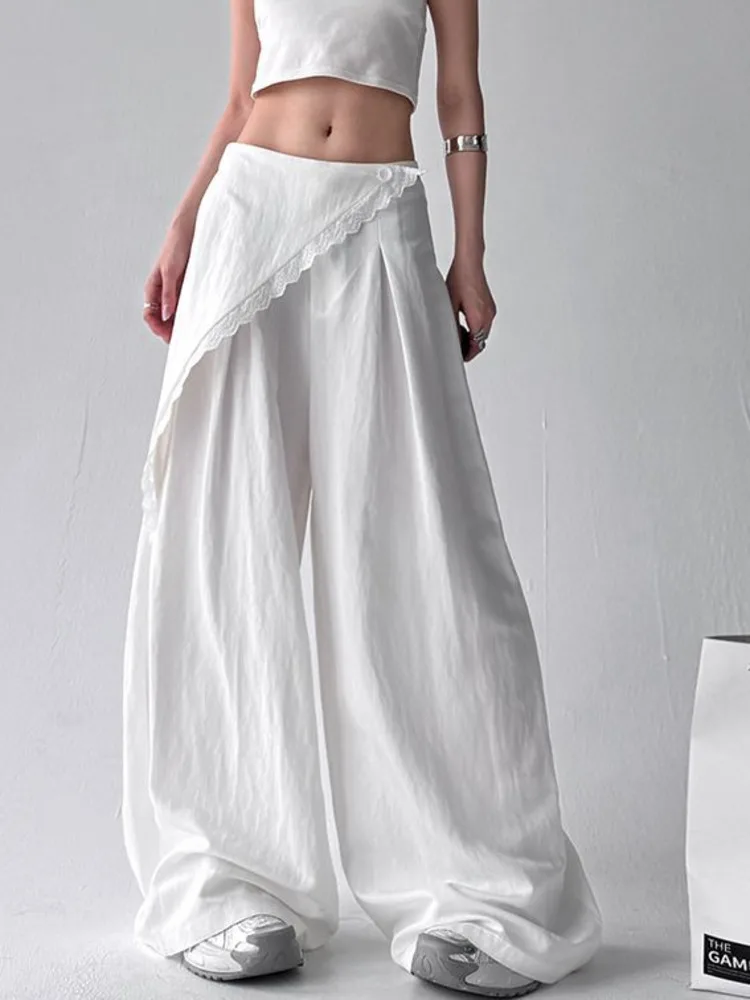 BJTZ الدانتيل حافة التطهير 2025 الربيع الصيف النساء عالية الخصر ضئيلة الربط مستقيم الساق عادية فضفاض معلقة السراويل وهمية قطعتين