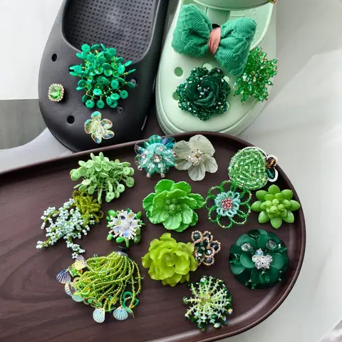 Green Series 3D Handmade Flower Beaded Women Girls Shoe Charms for Summer Jelly Shoe Sandals & Slippers DIY Decorative Flowers