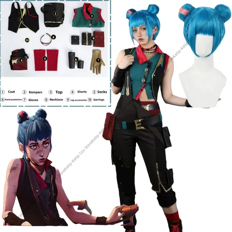 

Juego LOLL Arcane Powder Jinx, disfraz de Cosplay, peleles negros, униформа Superior, конютер для отдыха, peluca traje