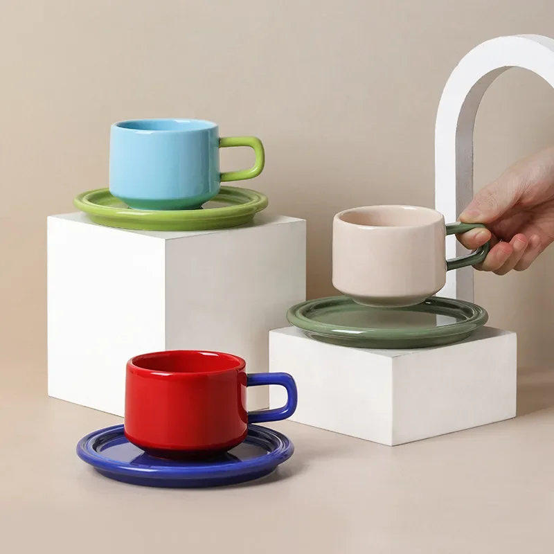 Fun Contrast Color Ceramic Coffee Cup Saucer Set High Aesthetic Mug For Office Household Daily Drinking Creative Couple Tablewar