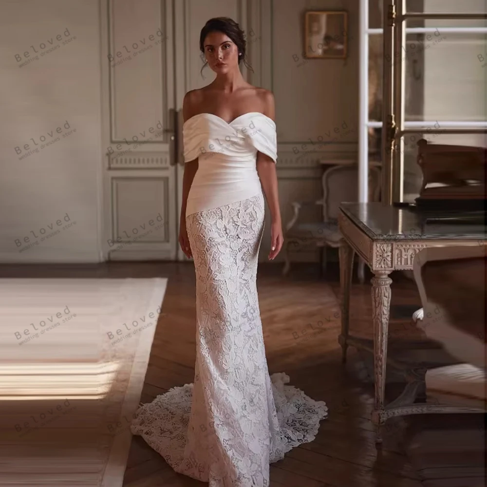 Abiti da sposa moderni Abiti da sposa glamour Abiti a strati in pizzo con spalle scoperte Lunghezza pavimento Abiti da sposa Personalizzati 2026