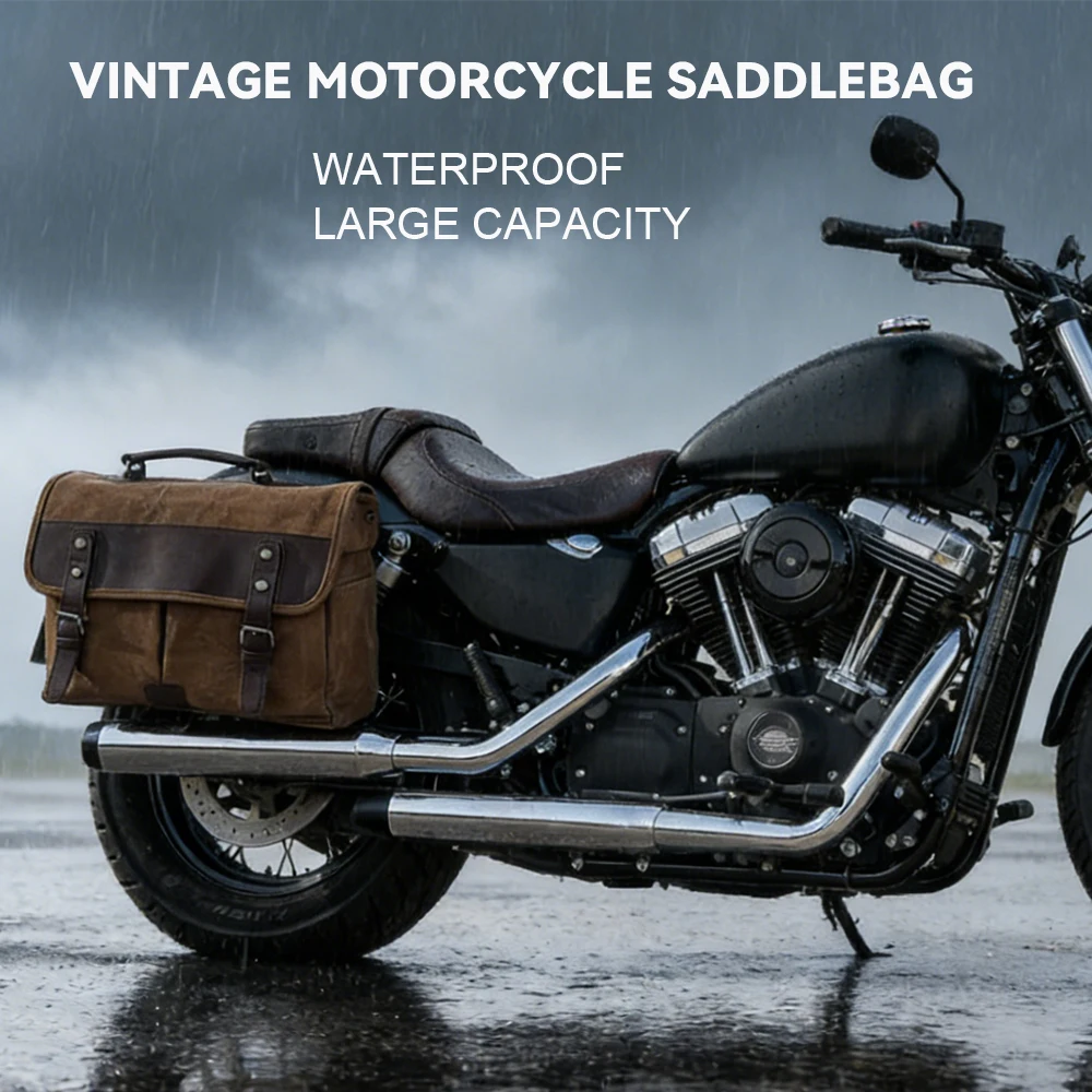 

Vintage Men Motorcycle Backpack Waterproof Canvas Leather Retro Rear Seat Bag Motocross Saddlebags Biker Side Bag Brown/Black