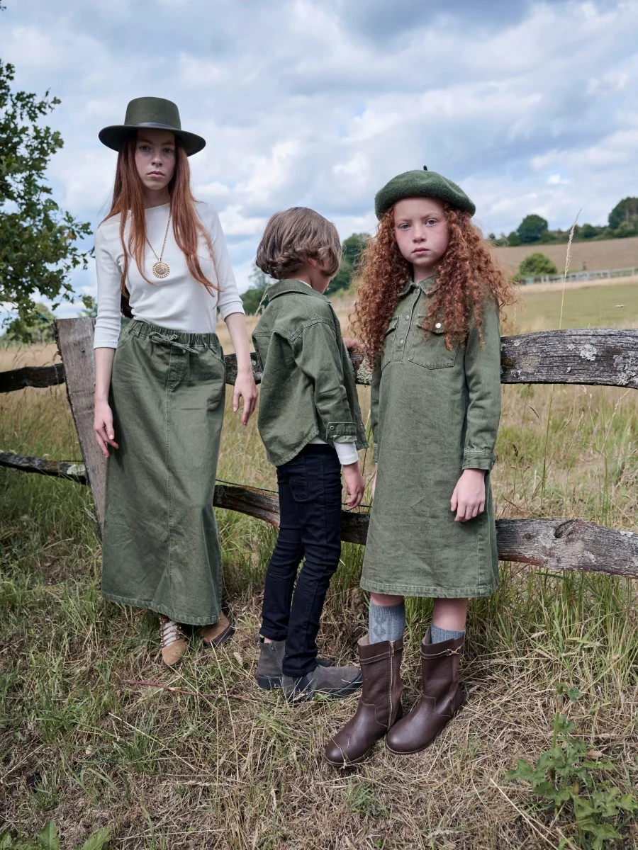 

AS AW25 Retro green denim collection 100% cotton high quality brand denim fabric kids family matching brother sister clothes