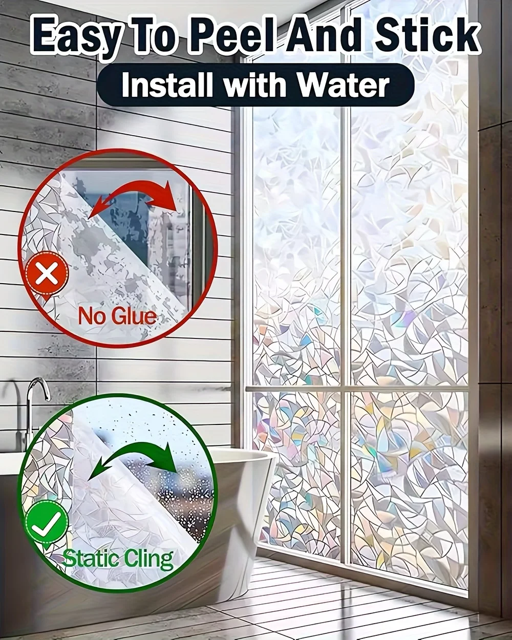 3D Stained Glass One Way Privacy Window Film Translucent Static Cling Removable for Home Office Balcony Bathroom Glass