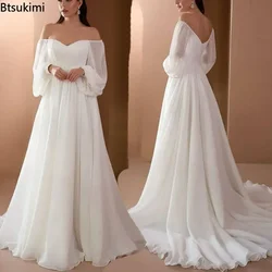 2024 Women's Elegant Wedding Evening Dress Puff Long Sleeve Sexy Off Shoulder V-Neck Ruched White Maxi Floor Length Slim Gown