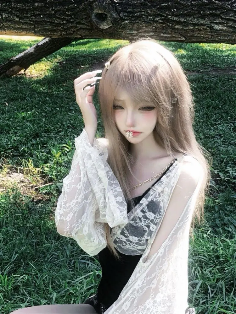 

Grunge Ruffle Sleeve Tees Harajuku Off Shoulder Slim Tops Y2k Fake Two Pieces Lace Patchwork Sexy T-shirt Women Aesthetic