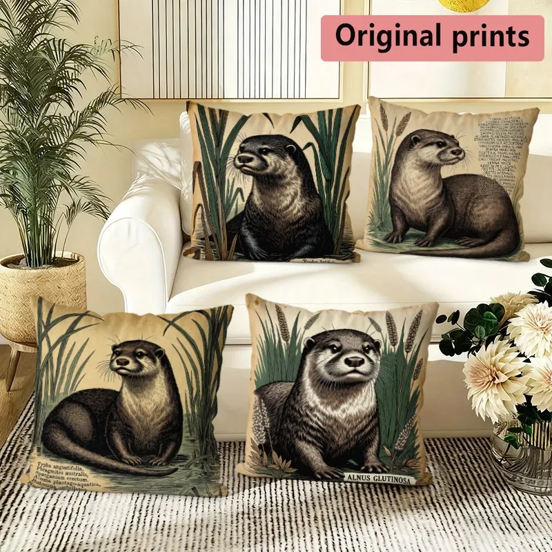 Vintage Otter Botanical Throw Pillow Covers Pattern Cushion Cover Suitable for Sofa Bedroom Car Pillow Cover