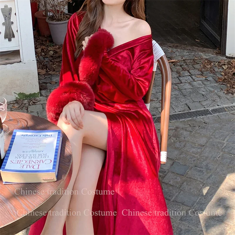 Warm Velour Bride Wedding Robe Autumn Winter Feather Patchwork Nightgown Elegant Kimono Bathrobe Gown for Lady Loungewear