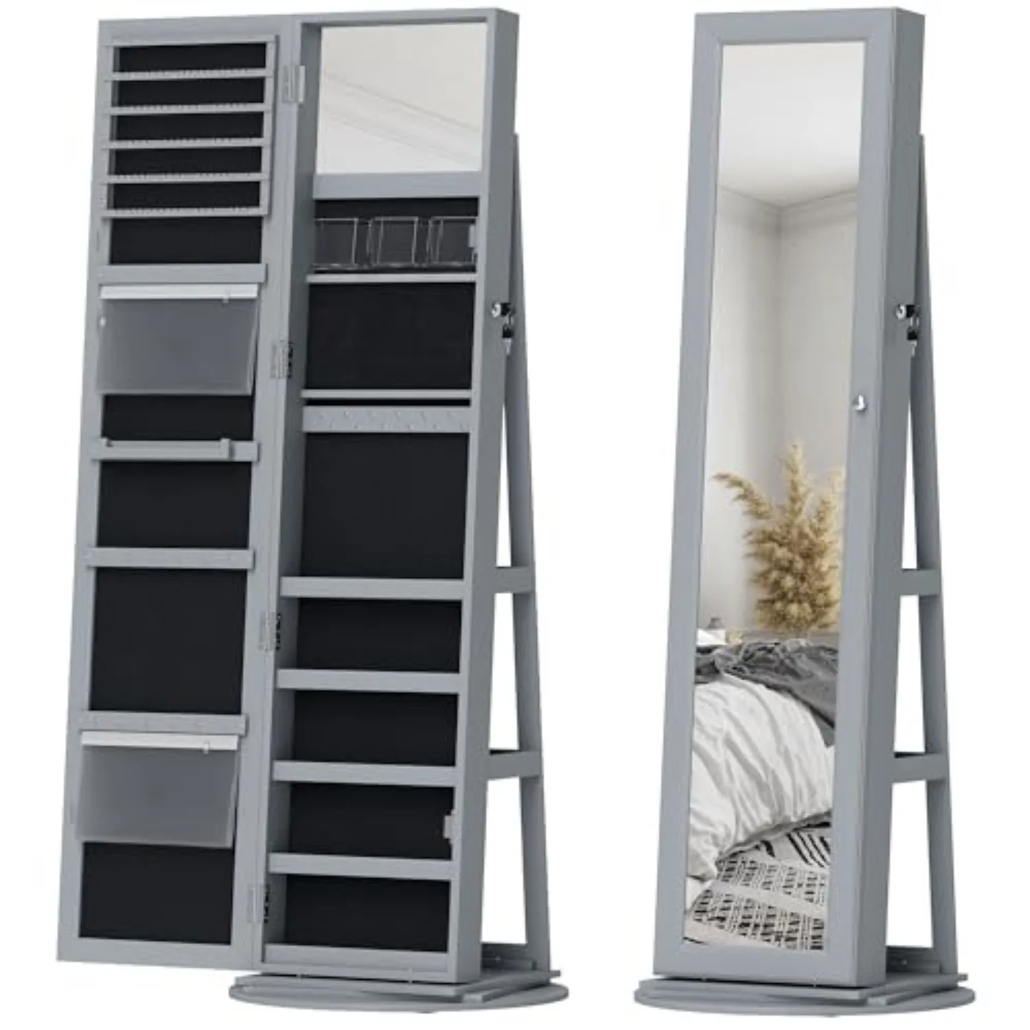 360° Swivel Jewelry Cabinet Lockable with Full-Length Mirror Gray