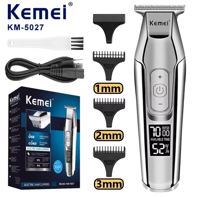 Kemei máquina de cortar cabelo profissional aparador de barba para homens velocidade ajustável led digital máquina de cortar cabelo escultura navalha elétrica