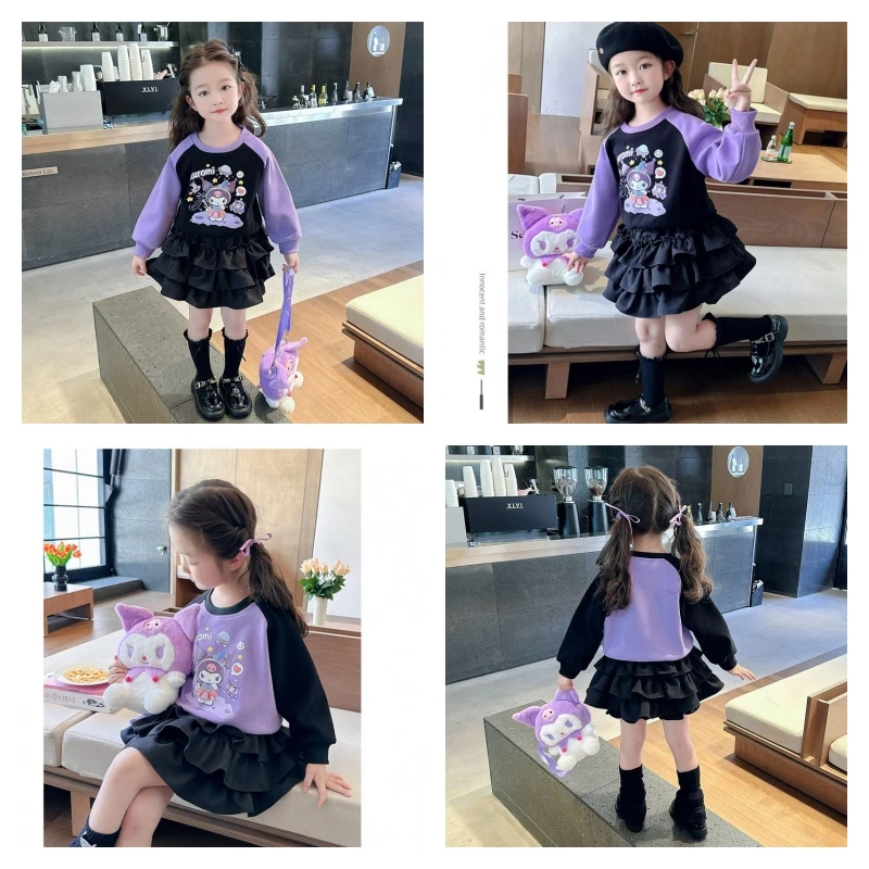 

Hot Sanrio Girl Sweatsuit Skirt Set Kuromi Kawaii Spring and Autumn Student Casual Long-Sleeved Tops Skirt Children's Clothing