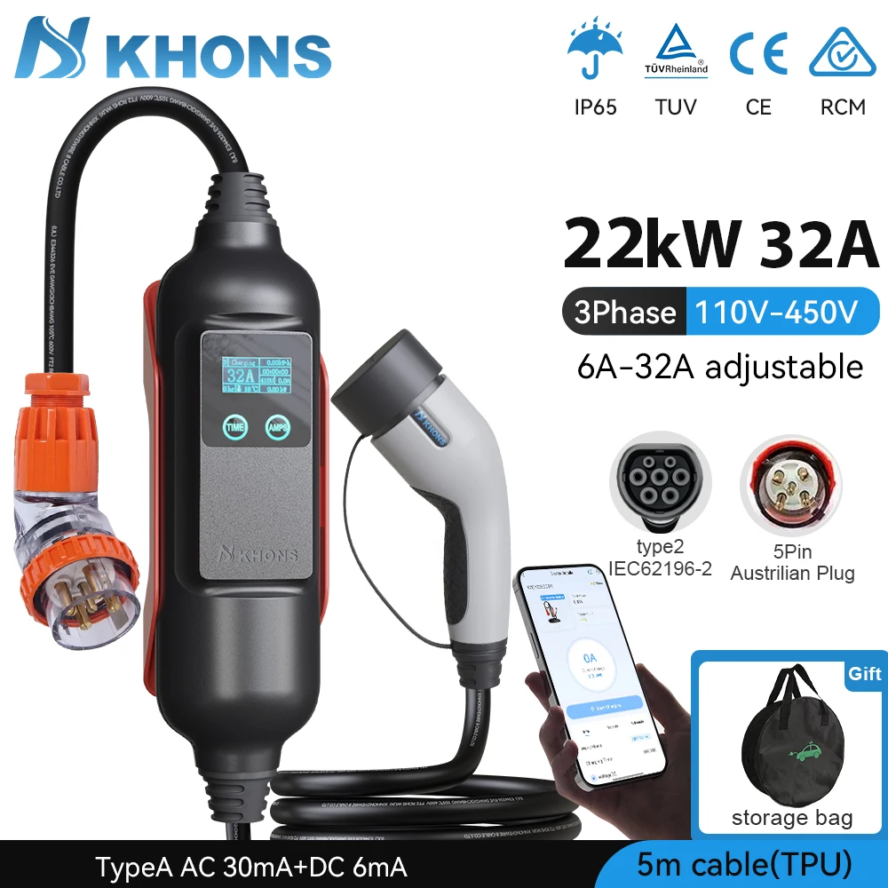 

Электрическое зарядное устройство Khons type 2, 22 кВт, 32 А, 3-фазное, с Wi-Fi-управлением через приложение, портативное зарядное устройство для электромобилей EVSE, Настенная коробка, подходит для зарядки BYD Tesla