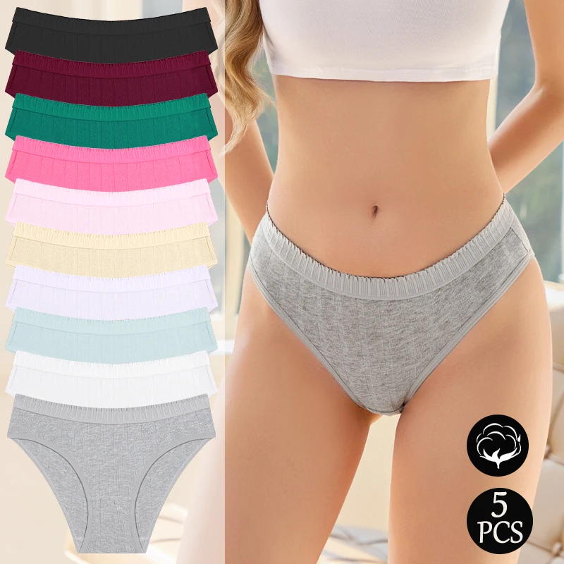 FINETOO 5 Stück Sommer-Dopamin-Baumwoll-Bikini-Slips für Damen, sexy, mittelhohe Taille, einfarbige Unterhosen, Damen-Streifenunterwäsche, S-XXL