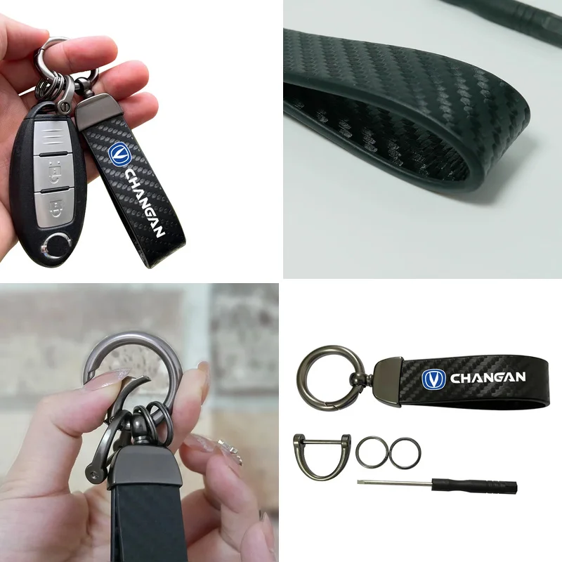 Changan Car Keychain Metal Ring Carbon Leather Key Holder For CS35 Eado CS95 Alsvin CS75 CS55 CS85 Auto Key Fob Decoration