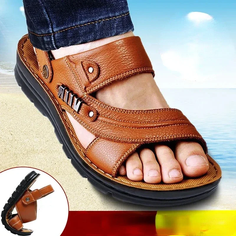 Summer Mens Beach Shoes  PU Leather Non-slip Male Slippers Breathable Two Uses Men sandals Designer Sandals Large size Sandalias