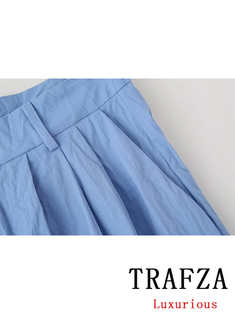 TRAFZA Vintage Casual Chic Women Solid Suit Skewcollar Pleated Top Loose Long Wide Leg Pants New Fashion 2024 Summer Holiday Set