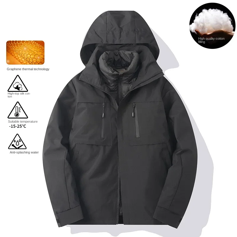 Winter Men's 3 and 1 Charge Jacket Lined Graphene Insulation Warm Detachable Design Coat Outdoor Couple Hooded Windbreaker 3XL