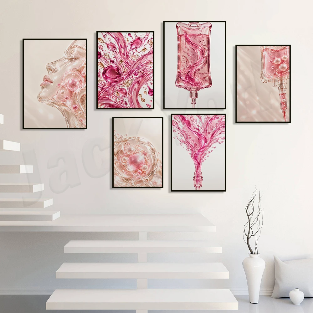 Posters for medical spa intravenous infusion therapy, facial anatomy, vitamin infusion art, and infusion clinic decorations.