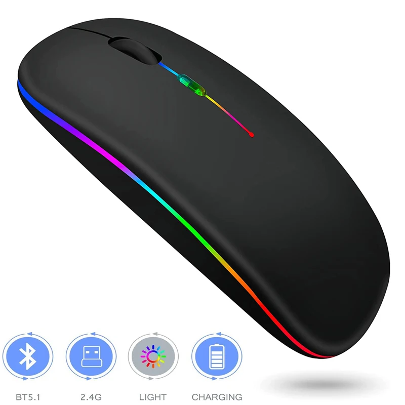 Souris de jeu sans fil ergonomique RVB, souris silencieuse aste mince, compatible Bluetooth, LED, ordinateur portable, PC, 2.4GHz