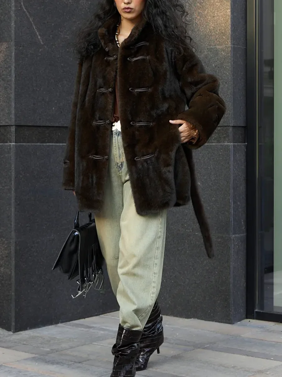 LIMO  Women Faux Mink Fur Coat Chinese Frog Button Stand Collar Loose Warm Outerwear