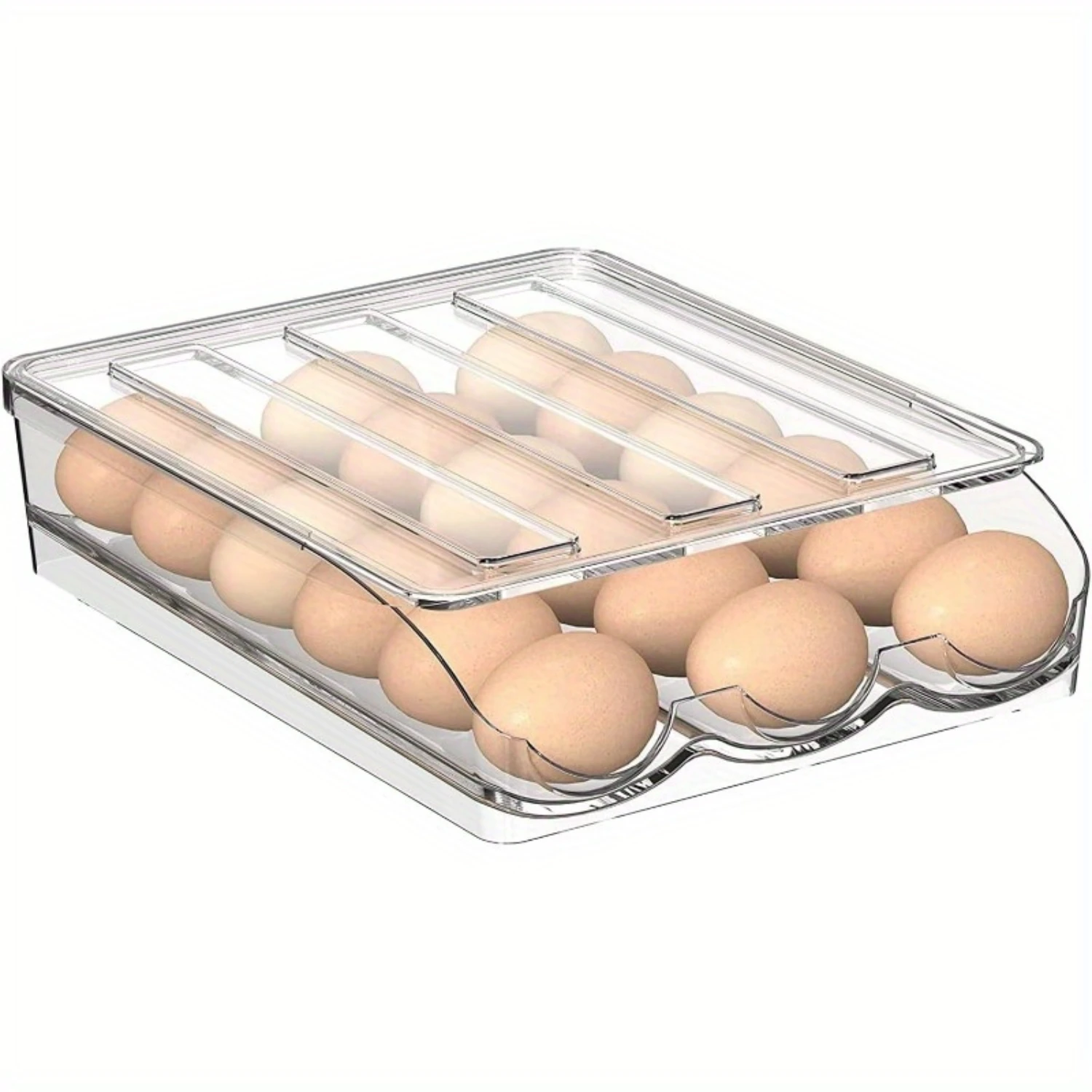 1/2 Layer Large Capacity Clear Plastic Egg Holder for Refrigerator - Automatically Rolling Egg  Container with Lid - Durable PE 