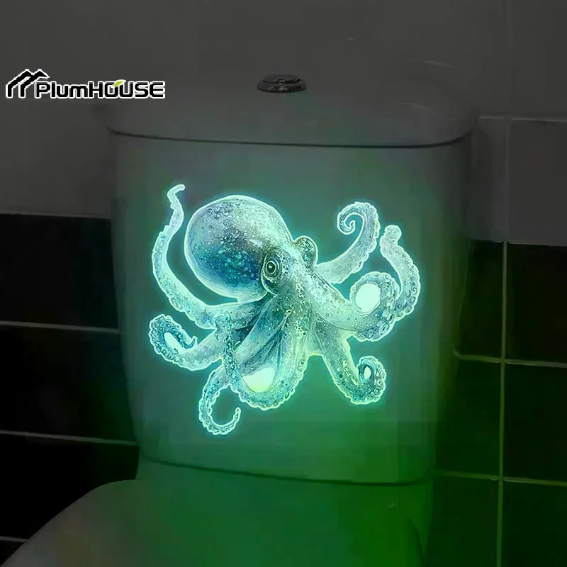 Glow-In-The-Dark Toilet Stickers Blue Octopus Design Self-Adhesive Removable Luminous Wall Stickers Car Stickers Home Decor