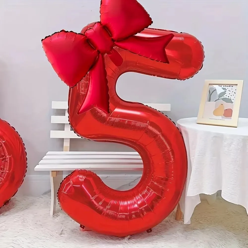 Trendy Large 32inch Number Digital 0-9 Balloon Red Anniversary Decoration Foil Balloons with Red Bowknot Birthday Party Balloons