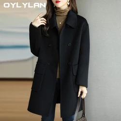 Autumn Winter Woolen Coat Mid Length Version Fashion Lady Flip collar double Breasted Advanced Sense Coats Wide-waisted 2024