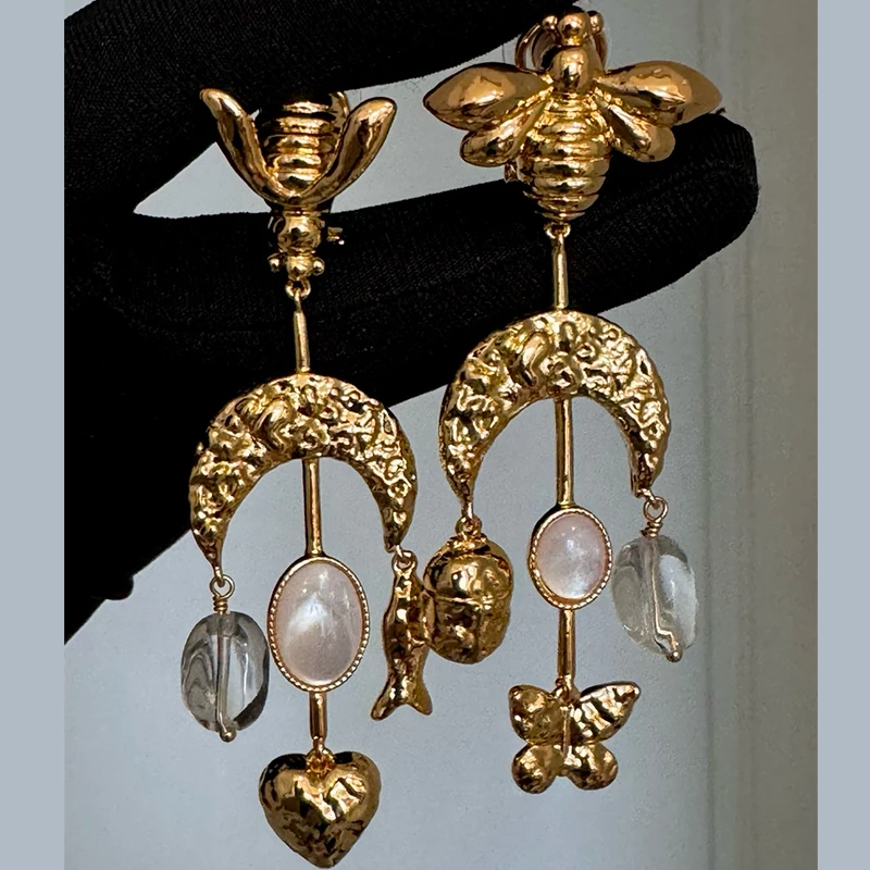 

French Luxury Jewelry Natural Stone Crystal Brass Gold Plated Earrings Women Top Quality Gorgeous Romantic Jewelry Trend