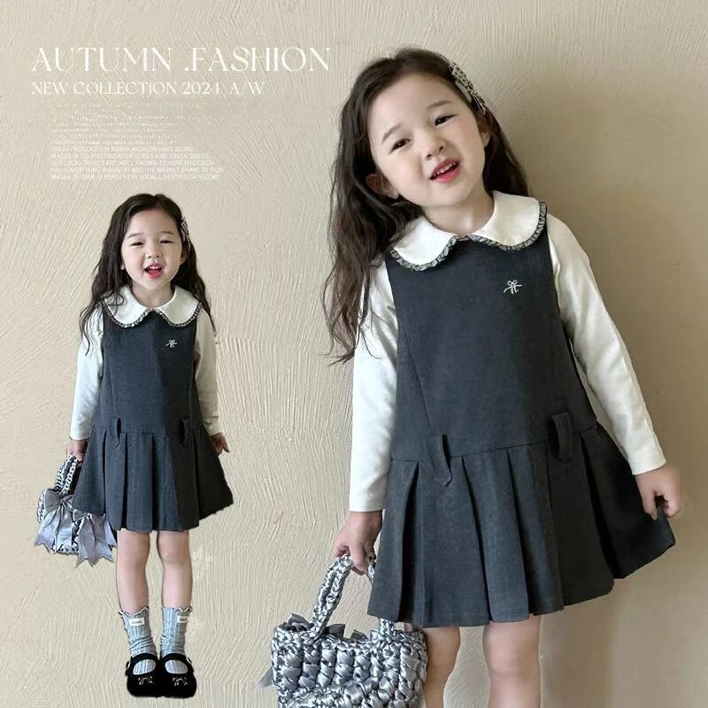 

2025 Autumn Girls Fashion Set 2-Piece Floral Dress with Blouse Alternatives Preppy Style Spring Summer Kids Easy Match Outfit