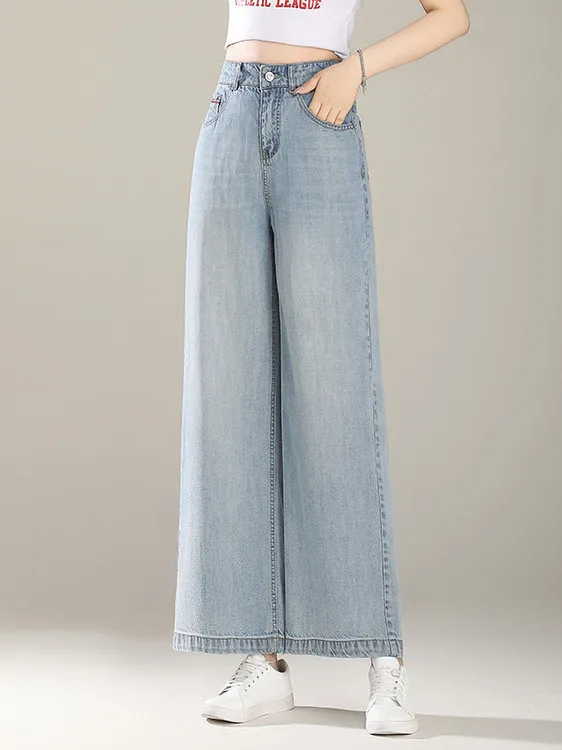 Calça Jeans Feminina TUCANO de Cintura Alta, Perna Larga, Azul, Casual de Verão, Confortável, Solta, Efeito Emagrecedor, Vers...