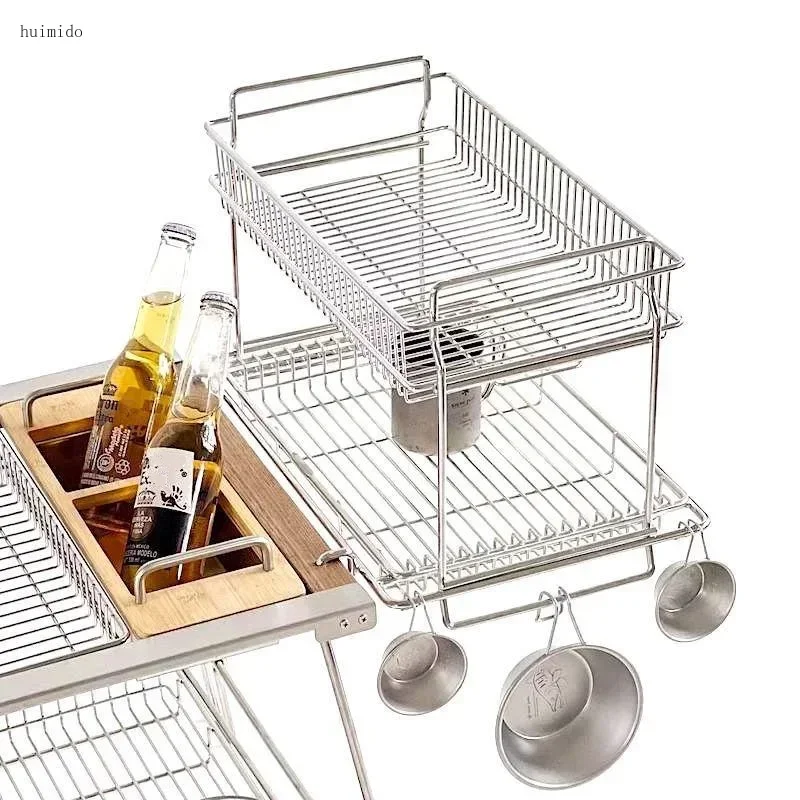 Camping Drainage Basket Stainless Steel Double Layer Hanger Suitable for Camping IGT Desktop Side Telescopic Rack